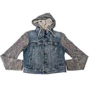 Free People Distressed Denim Jean Jacket‎ Knit Sleeves Removable Hood Small